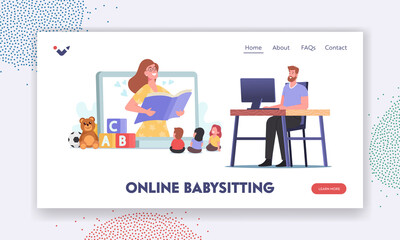 Online Babysitting Service Landing Page Template. Virtual Baby Sitter, Remote Teaching. Nanny Character Entertain Kids