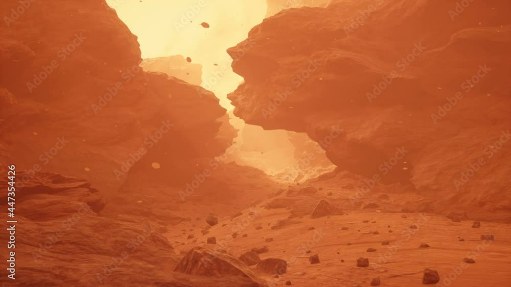 Wall mural the surface of the red deserted planet mars during a strong sandstorm. mars colonization and space t