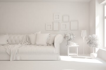 Mock up of stylish room in white color with sofa. Scandinavian interior design. 3D illustration