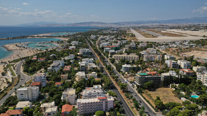 Obraz premium Aerial drone photo of 4th Marina of Glyfada a popular yacht anchorage with calm water beach next to it, Athens riviera, Attica, Greece