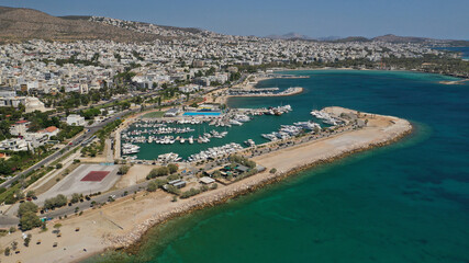Aerial drone photo of 4th Marina of Glyfada a popular yacht anchorage with calm water beach next to...