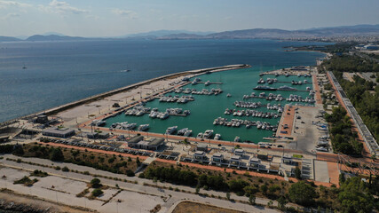 Aerial drone photo of famous Agios Kosmas marina a popular luxury yacht anchorage in Athens riviera next to former Athens international airport, Elliniko, Attica, Greece