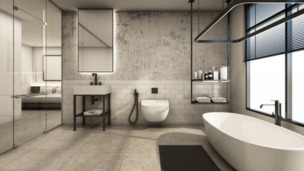 Naklejka na ściany i meble Bathroom interior design minimal loft,Concrete wall,Concrete floor - 3D render