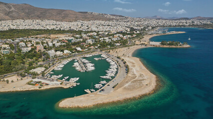 Aerial drone photo of 4th Marina of Glyfada a popular yacht anchorage with calm water beach next to...