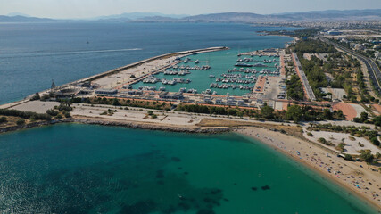 Aerial drone photo of famous Agios Kosmas marina a popular luxury yacht anchorage in Athens riviera next to former Athens international airport, Elliniko, Attica, Greece