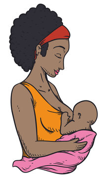 Drawing of a dark-skinned mom breastfeeding her baby, Vector illustration