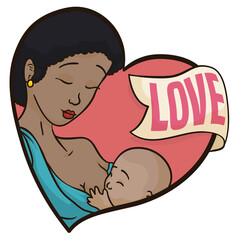 Dark-skinned mommy with baby inside heart and ribbon, Vector illustration