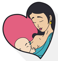 Heart with scene of mom breastfeeding her baby, Vector illustration