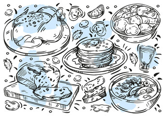Hand drawn line vector illustration food. Doodle Russian cuisine: soup, dumplings, solyanka, red ?aviar, meat, chicken, vodka, cucumbers, pancakes, bread