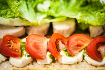 Street food festival, catering service. Salad with vagetables and meat 