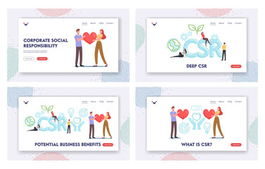 Csr Landing Page Template Set. Corporate Responsibility, Social Citizenship. Tiny Businesspeople Characters Hold Heart