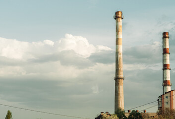 Large Factory Pipes Blue Sky Background Industrial Landscape Environmental pollution