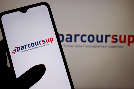 Bahia, Brazil - July 26, 2021: Parcoursup logo on smartphone screen. Parcoursup is the national platform for admission to 1st year courses in the first cycle of higher education in France.