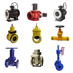 nine valves of various designs with automatic and manual control for a gas pipeline on a white background - 447357217