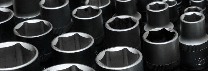 socket heads, socket wrench, screwdriver close-up