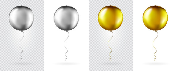 Big Set of Silver and Gold Round shaped foil balloons on transparent white background. Mockup for balloon print. Vector. © ckybe