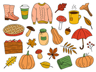 Autumn clipart in doodle style. A set of simple vector illustrations with elements of autumn. Perfect for autumn decoration, postcards, stickers, notebooks