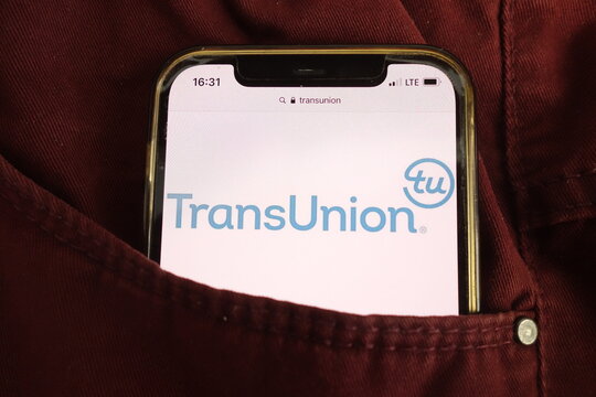 KONSKIE, POLAND - July 22, 2021: TransUnion agency logo on mobile phone