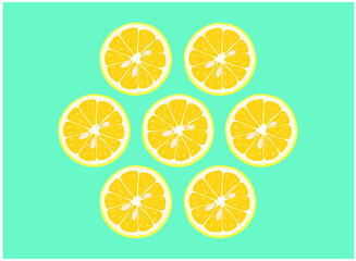 Seven slices of lemons on light blue background