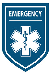 Emergency Paramedic text on shield label with symbol Star of Life emblem. Medical icon of emergency or ambulance paramedic.