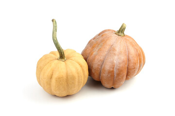 Pumpkins isolated on white background. Two whole ribbed pumkins