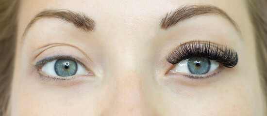Eyelash extensions before and after, eyelashes, a beautiful woman with open eyes. Macro.