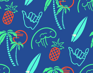 A surf, tropical, pineapple and palm themed t-shirt for kids and teens, or a seamless vector print design that can be used anywhere.