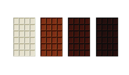 Vector Set of Different Chocolate Bars Isolated on White Background, White, Milk, Dark and Bitter Chocolate.
