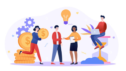Successful business team. Time is money, financing and investment, business people woman and man shaking hands. Vector flat cartoon illustration
