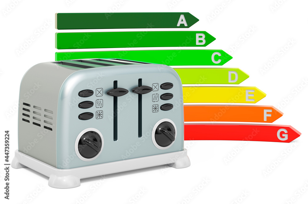 Poster energy efficiency chart with toaster, 3d rendering