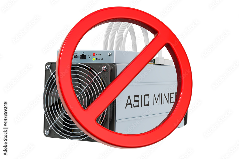 Aufkleber prohibition sign with asic miner. 3d rendering