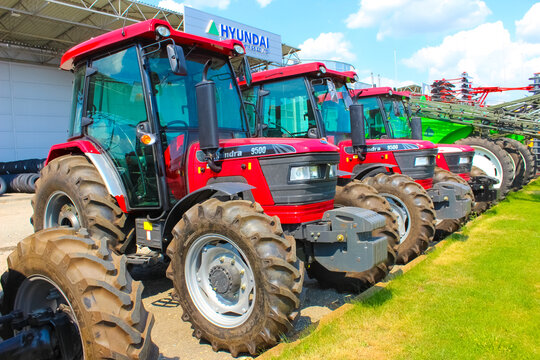 Kyiv, Ukraine - June 16, 2020: Mahindra agricultural heavy machinery equipment parked on the street