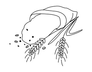 A bag with poured flour and ears. Vector illustration for brewing, agriculture, logo, print, poster. Doodle style by outline