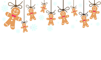 Christmas horizontal banner hanging homemade gingerbread cookies on white background.
