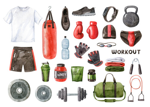 Gym accessories - watercolor clipart set. Fitness equipment, male training clothes, sports nutrition isolated on white background. Hand drawn illustration.