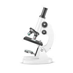Vector 3d Realistic White Laboratory, School Microscope Isolated. Chemistry, Pharmaceutical and Microbiology Tool. Science, Lab, Research, Education Concept. Design Template, Mockup. Front View