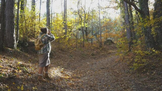 Plump woman hiker in warm checkered shirt and skirt takes picture of nature with camera walking along sunny forest path on nice autumn day backside view