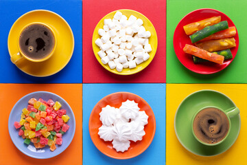 Cup of coffee and sweets at colorful abstract background