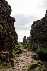 Stone pathway near the continental divide at Thingvellir Iceland