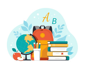 Back to school. Vector cartoon illustration in flat style of school supplies, such as globe, backpack, pencils with leaves on background.