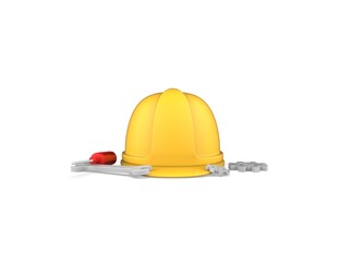 International Labor Day. 3D Concept  protective helmet and screwdriver and wrench isolated white background.