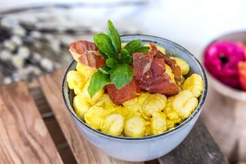 gnocchi with parma ham and egg