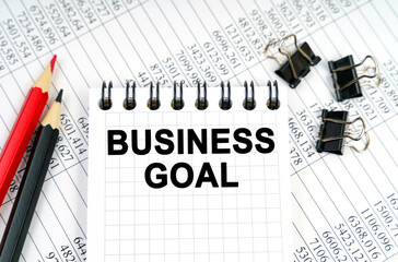 On the table are reports, pencils and a notebook with the inscription - BUSINESS GOAL