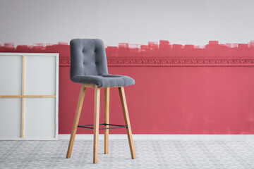 Tall grey stool in empty interior with painting and ombre wall