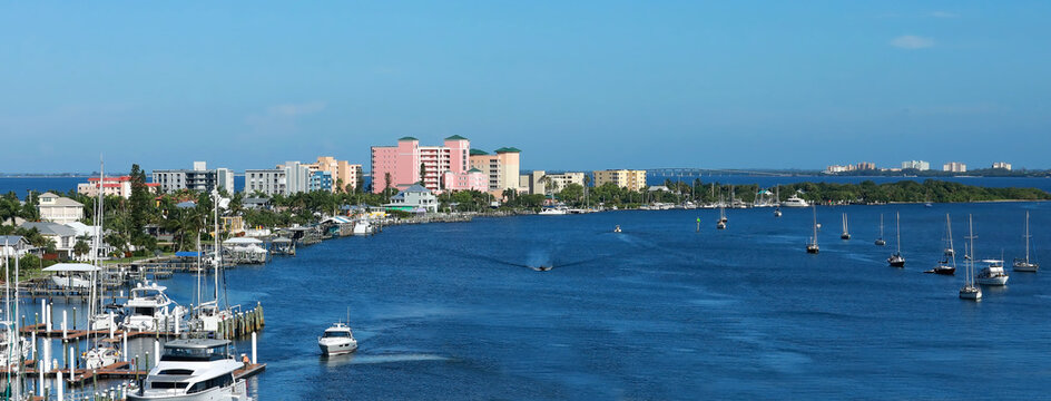Fort Myers Beach skyline and the Mantanza Pass waterway.