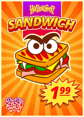 Monster sandwich menu. A vertical banner with a price tag for a fast food cafe on Halloween day. Vector illustration.