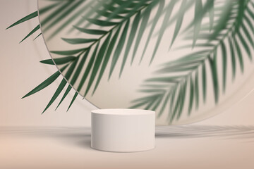 abstract minimalistic background with pedestal for product showcase with palm leaves behind glass