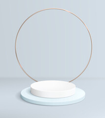 abstract blue background with empty podium for product show and gold ring.