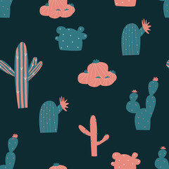 Vector seamless drawing with various cacti. Bright repeating texture with green cacti on a pink background . A natural hand-drawn background with desert plants.
handmade items.  Suitable for fabric, 