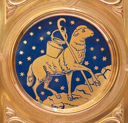 VIENNA, AUSTIRA - JUNI 18, 2021: The  detail of Lamb of God on the tabernacle the Herz Jesu church from 19. cent.